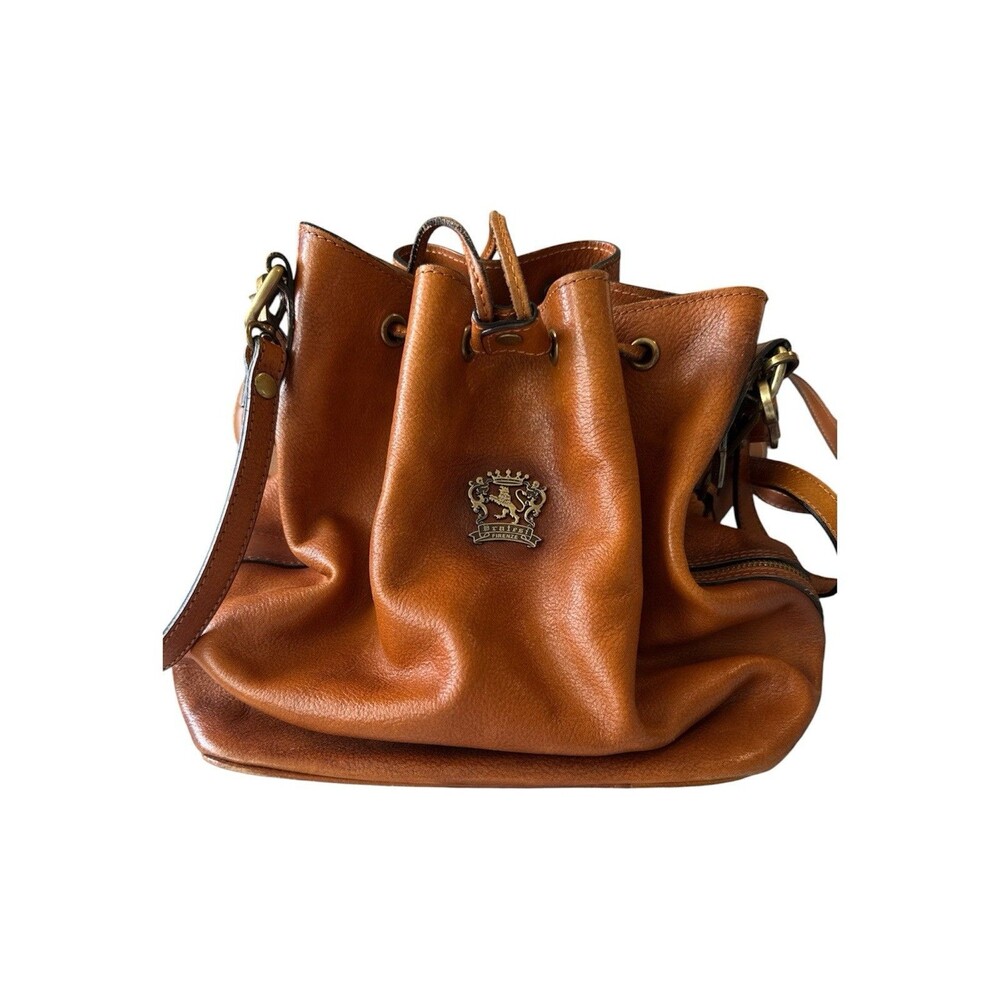 Pratesi Firenze Leather Bucket Bag Cognac Brown Crossbody w LED Light Italy